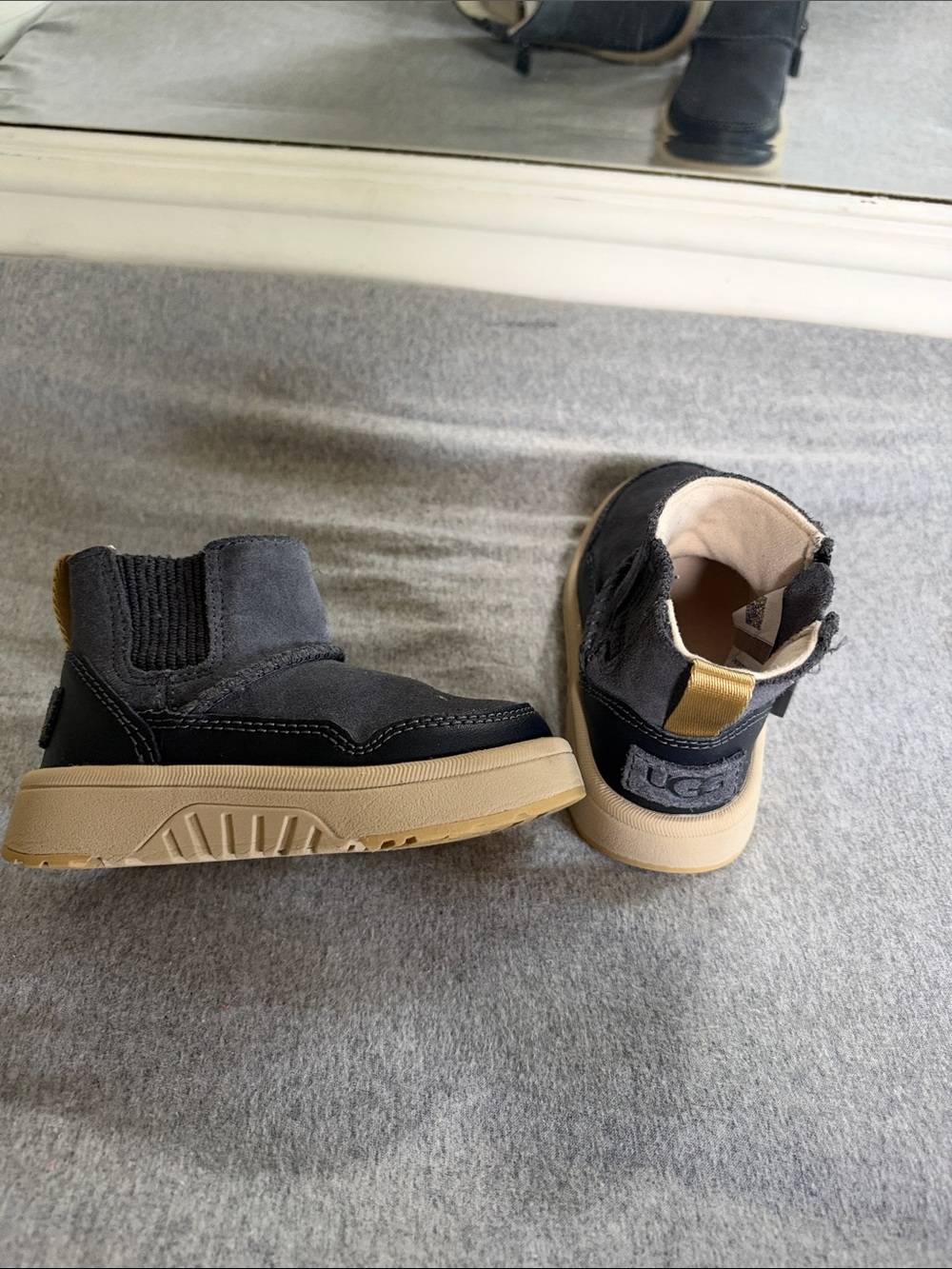 UGG Hamdi Kids Black Suede Ankle Boots with Tan Sole Accents